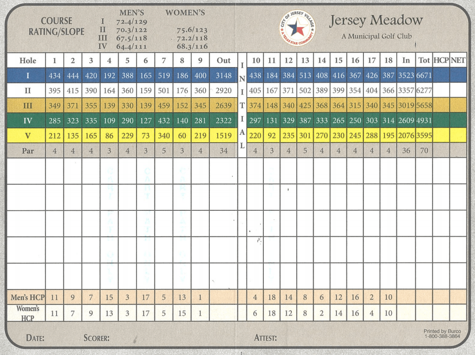 Scorecard Jersey Meadow Golf Course