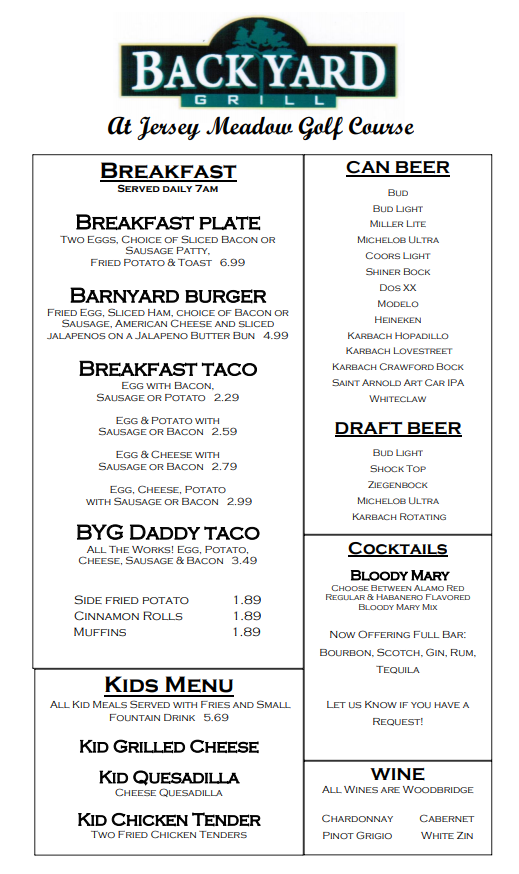 Backyard Grill Menu - Jersey Meadow Golf Course